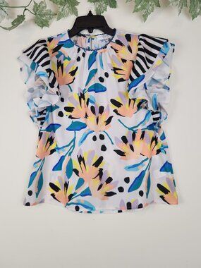 Crosby by Mollie Burch Size S Floral Artsy Abstract Ruffle Sleeve Top Blouse